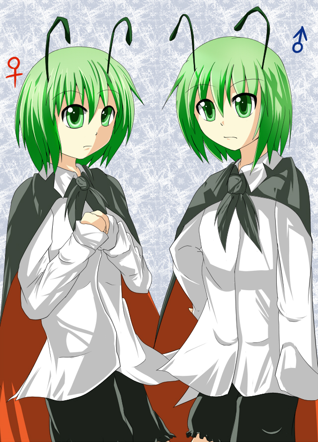 midori (misuriru8), midori (pixiv76139), wriggle nightbug, touhou, bad id, bad pixiv id, 1boy, 1girl, androgynous, antennae, bad anatomy, cape, dual persona, genderswap, genderswap (ftm), green eyes, green hair, poorly drawn, reverse trap, short hair