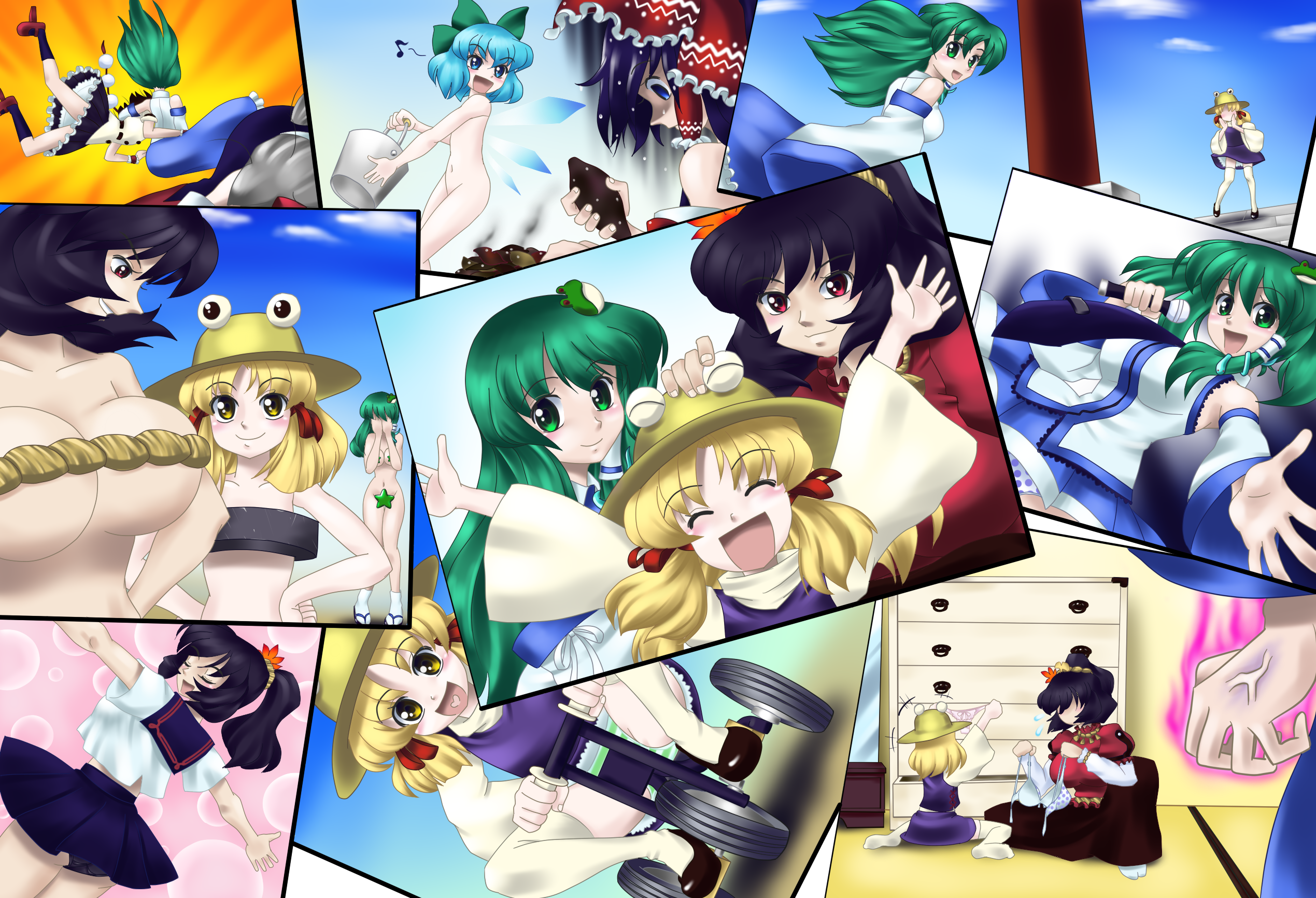 raionsan, cirno, hakurei reimu, inubashiri momiji, kochiya sanae, moriya suwako, shameimaru aya, yasaka kanako, touhou, highres, 6+girls, alternate costume, arms up, belt bra, black panties, bow, bow panties, bra, female focus, headpat, multiple girls, nude, o/, outstretched arms, panties, photo (object), pink panties, polka dot, polka dot bra, polka dot panties, school uniform, serafuku, striped clothes, striped panties, tricycle, underwear, white panties
