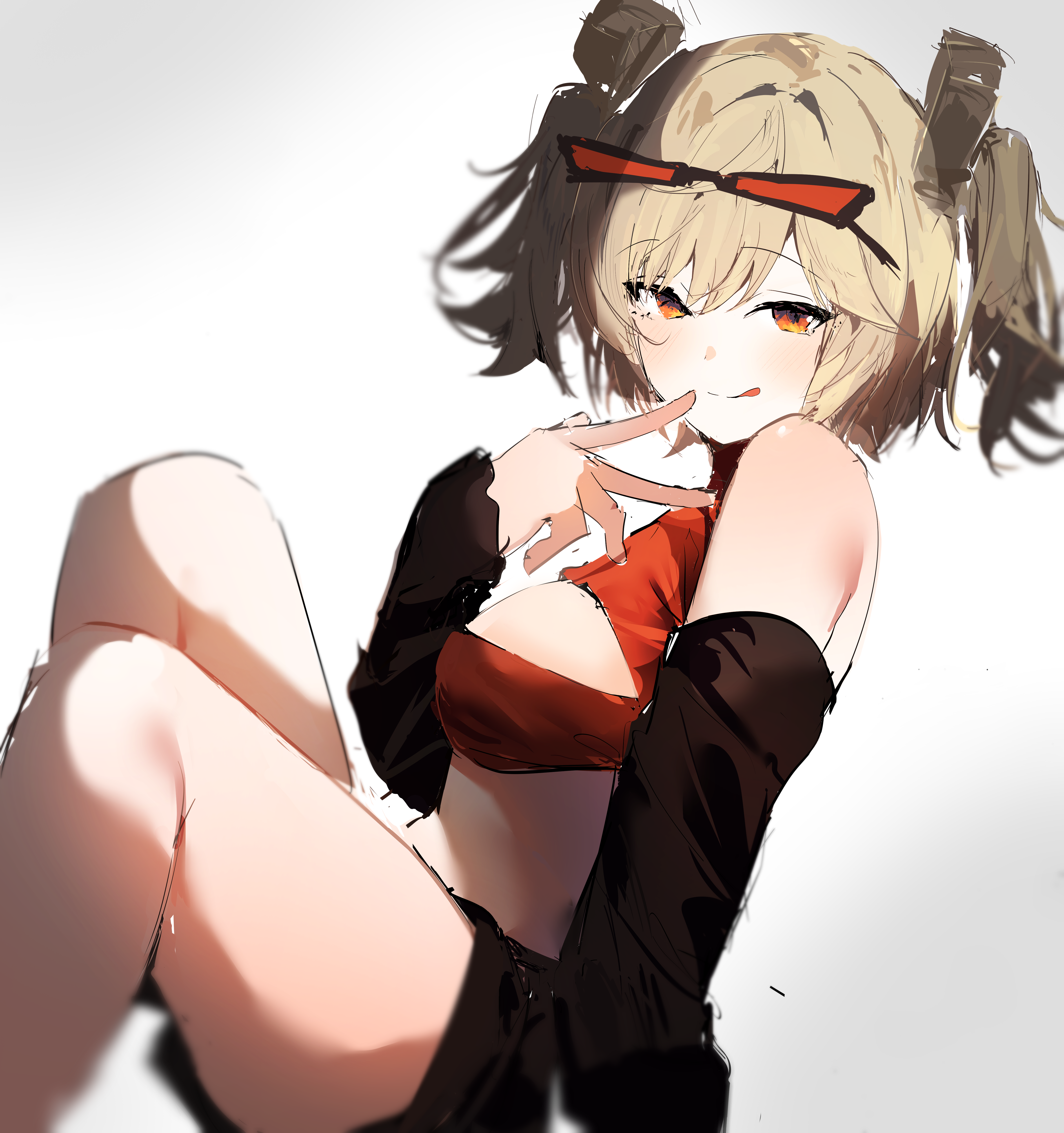 katata, burnice white, zenless zone zero, absurdres, highres, 1girl, black shorts, black sleeves, blonde hair, breasts, eyewear on head, looking at viewer, medium breasts, medium hair, red eyes, red tube top, shorts, sideboob, smile, solo, strapless, sunglasses, tongue, tongue out, tube top, two side up