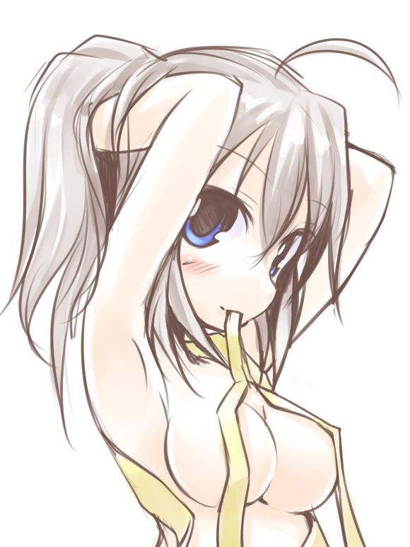 kuro (be ok), original, silver hair, bad id, bad pixiv id, 1girl, adjusting hair, blue eyes, breasts, female focus, mouth hold, solo