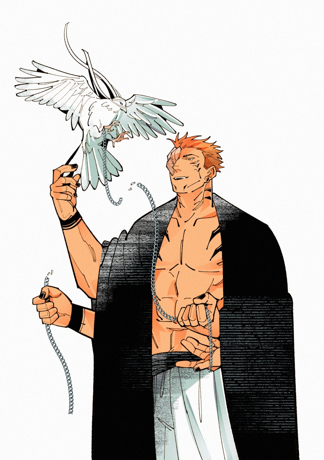 308albi, ryoumen sukuna (jujutsu kaisen), ryoumen sukuna (true form) (jujutsu kaisen), jujutsu kaisen, highres, 1boy, abs, animalization, arm tattoo, bandages, bird, black nails, black robe, broken, broken chain, chain, extra arms, extra eyes, holding, holding chain, large pectorals, muscular, muscular male, pants, pectorals, robe, simple background, tattoo, white background, white pants