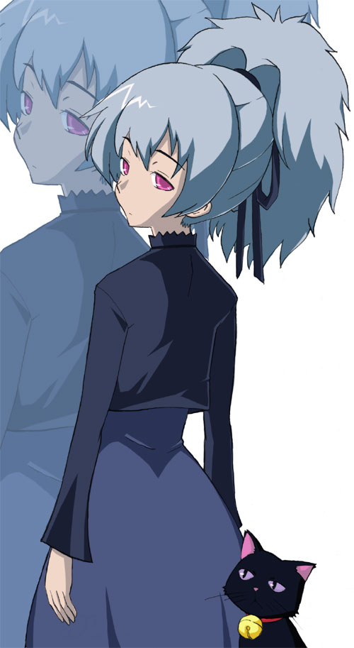 tai (pixiv6134), yin (darker than black), darker than black, bad id, bad pixiv id, 00s, grey hair, looking back, pink eyes, ponytail, solo