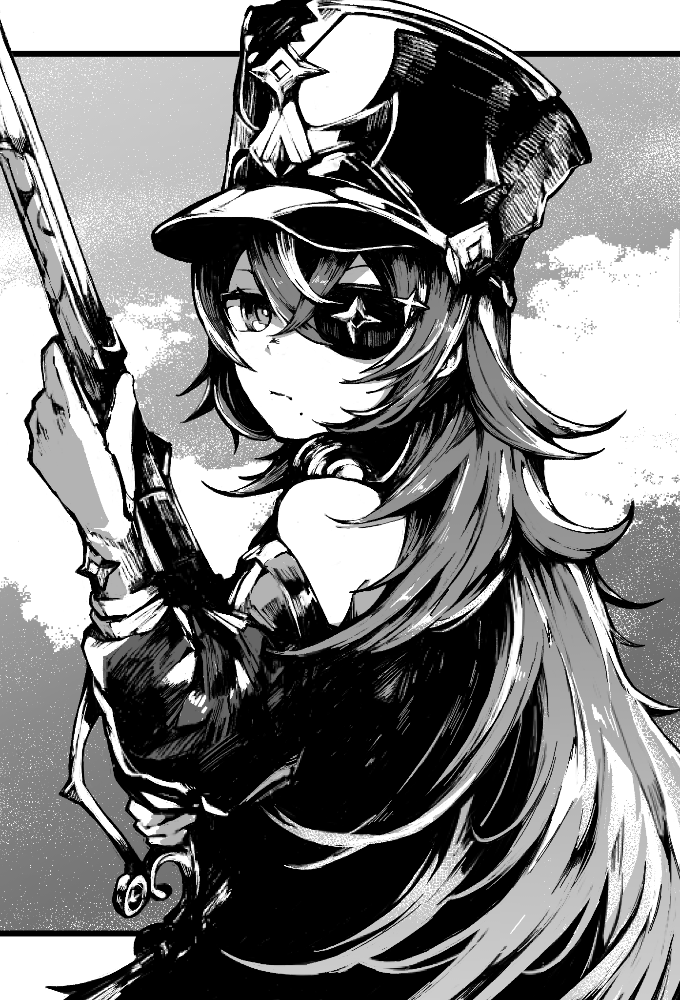848kissa, chevreuse (genshin impact), genshin impact, commentary request, highres, 1girl, bare shoulders, closed mouth, crossed bangs, detached sleeves, earmuffs, earmuffs around neck, expressionless, eyepatch, gloves, greyscale, gun, hair between eyes, hat, holding, holding gun, holding weapon, long hair, looking at viewer, mole, monochrome, musket, shako cap, solo, upper body, very long hair, weapon