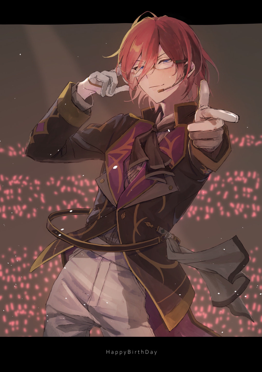 saegusa ibara, ensemble stars!, pixiv, highres, audience, black border, black neckerchief, blue eyes, blush, border, collared jacket, concert, epaulettes, finger gun, glasses, gloves, glowstick, gold trim, half-closed eyes, half gloves, hand in own hair, hand up, hisohiso end, idol, idol clothes, jacket, lapels, long sleeves, looking at viewer, lower body, microphone, neckerchief, notched lapels, outside border, pants, penlight (glowstick), pink hair, pointing, pointing at viewer, shirt tucked in, short hair, simple background, smile, stage, suit jacket, white gloves, white pants