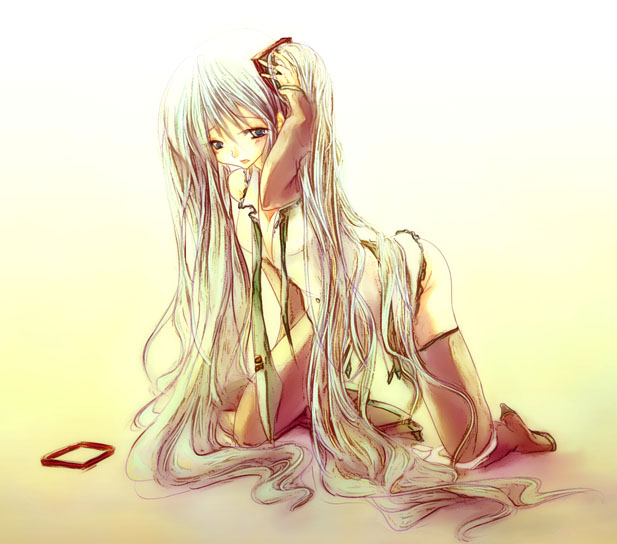 ruju, hatsune miku, vocaloid, asymmetrical clothes, blue hair, detached sleeves, green eyes, kneeling, long hair, necktie, panties, panties around leg, single thighhigh, skirt, solo, thighhighs, twintails, underwear, undressing, very long hair