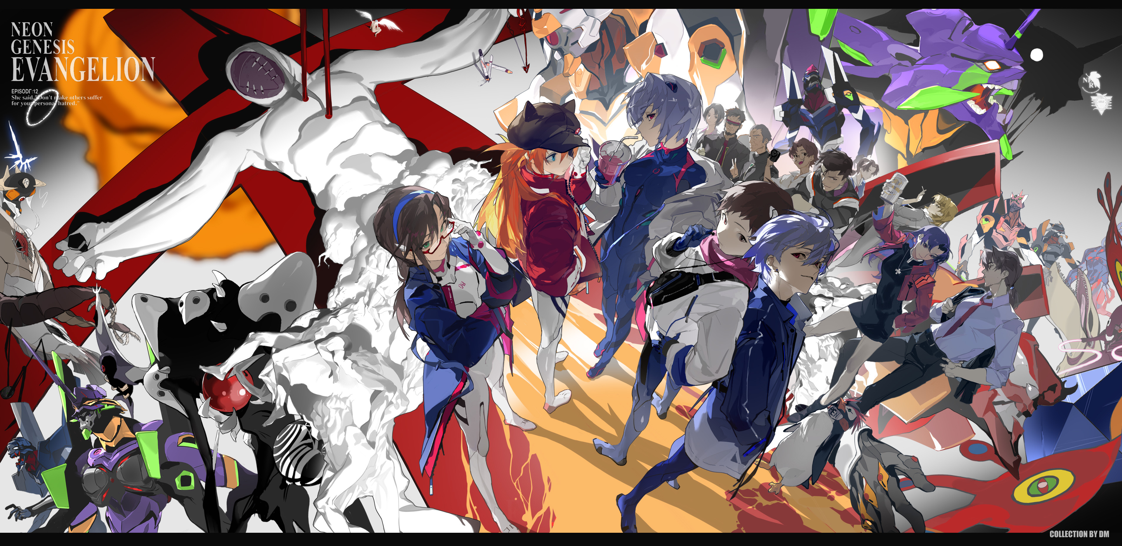 dm (dai miao), adam (evangelion), aida kensuke, akagi ritsuko, angel (evangelion), arael, armisael (evangelion), ayanami rei, bardiel (evangelion), eva 00, eva 01, eva 02, eva 03, eva 06, eva 08, eva 13, fuyutsuki kouzou, gaghiel (evangelion), horaki hikari, ikari gendou, ikari shinji, ikari yui, israfel (evangelion), kaji ryouji, katsuragi misato, leliel (evangelion), lilith (ayanami rei), lilith (evangelion), makinami mari illustrious, matariel, nagisa kaworu, penpen, ramiel (evangelion), sachiel (evangelion), sahaquiel (evangelion), sandalphon (evangelion), seele (evangelion), shamshel (evangelion), souryuu asuka langley, suzuhara touji, zeruel (evangelion), evangelion: 3.0 you can (not) redo, neon genesis evangelion, rebuild of evangelion, the end of evangelion, absurdres, commentary, highres, 6+boys, 6+girls, animal ear headwear, beer can, bident, bird, black hair, blue hair, blue hairband, bodysuit, bodysuit under clothes, brown hair, camera, can, copyright name, cross, crucifixion, cup, disposable cup, drink can, drinking straw, earphones, entry plug, evangelion (mecha), everyone, eyepatch, fake animal ears, glasses, grey hair, hairband, hand in pocket, hand on own hip, hat, holding, holding camera, holding can, impaled, interface headset (evangelion), iruel, jewelry, lance of longinus (evangelion), lcl, letterboxed, mecha pilot suit, mole, mole under eye, multiple boys, multiple girls, necklace, nerv, newsboy cap, orange hair, penguin, plugsuit (evangelion), polearm, red-framed eyewear, round eyewear, semi-rimless eyewear, spear of cassius, under-rim eyewear, weapon