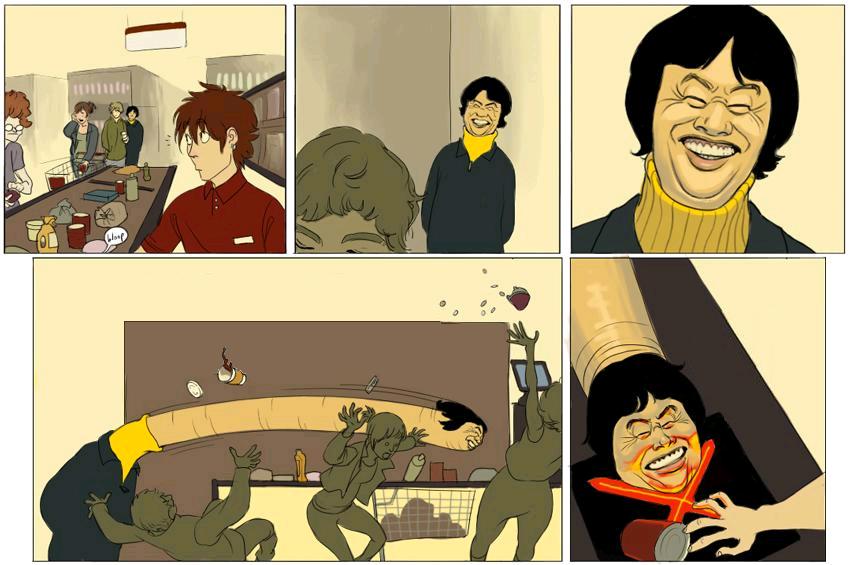 janet kim, miyamoto shigeru, f@nboy$, fanboys (comic), nintendo, real life, third-party edit, 2girls, 3boys, comic, creepy, grin, horror (theme), long neck, multiple boys, multiple girls, rokurokubi, silent comic, smile, stretching, turtleneck, what