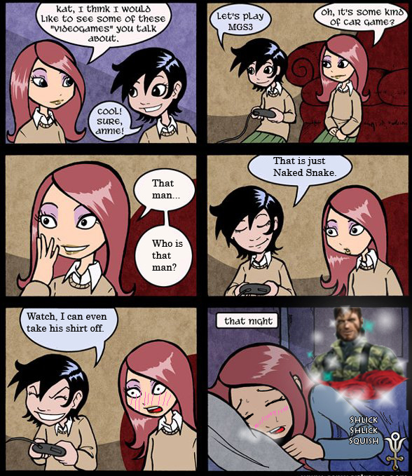 tom siddell, antimony carver, katerina donlan, naked snake, gunnerkrigg court, metal gear (series), metal gear solid 3, english, third-party edit, 2girls, bed, black hair, blush, comic, controller, dreaming, english text, grin, loli, makeup, masturbation, multiple girls, pajamas, pillow, red hair, short hair, skirt, sleeping, smile, sweater, tomboy, video game