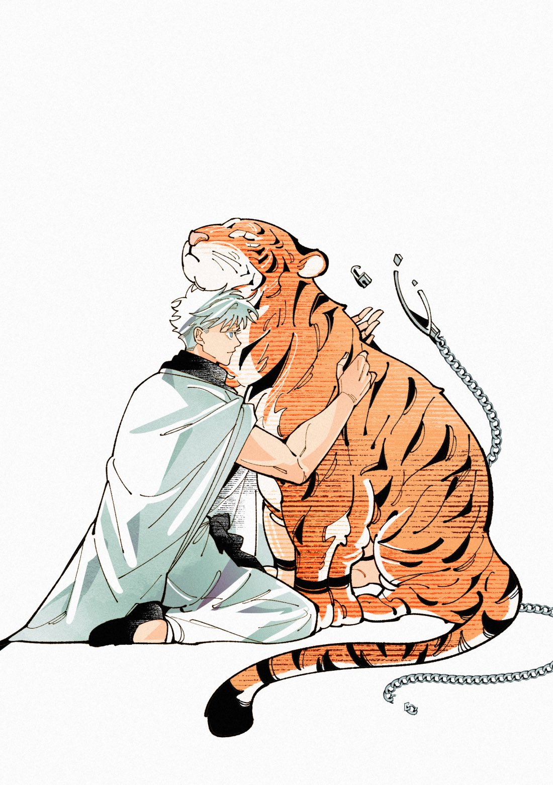 308albi, ryoumen sukuna (jujutsu kaisen), ryoumen sukuna (true form) (jujutsu kaisen), jujutsu kaisen, highres, 1boy, animal, animal hug, animalization, blue eyes, broken, broken chain, chain, full body, lock, padlock, robe, short hair, simple background, tiger, whiskers, white background, white hair, white robe