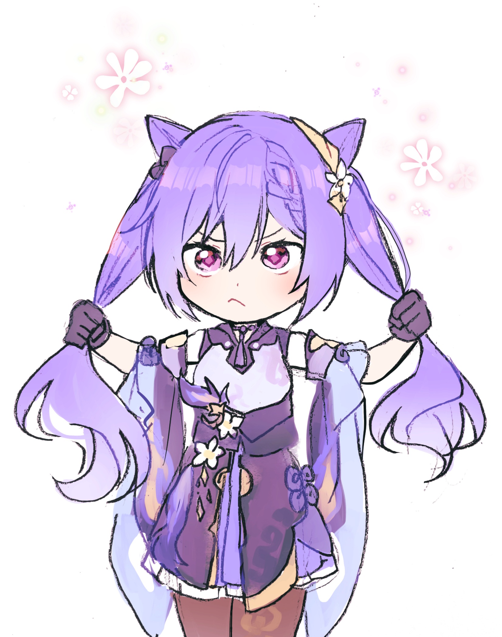 5rwpvc, keqing (genshin impact), genshin impact, highres, 1girl, :<, closed mouth, cone hair bun, cowboy shot, dot nose, double bun, dress, flower, gloves, hair bun, hair flower, hair ornament, holding, holding own hair, long hair, pantyhose, purple dress, purple eyes, purple gloves, purple hair, solo, standing, twintails, white background