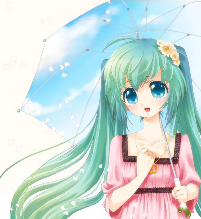chikkuru, hatsune miku, melt (vocaloid), vocaloid, 1girl, :d, ahoge, aqua eyes, aqua hair, blush, female focus, flower, hair flower, hair ornament, hand on own chest, jewelry, long hair, looking at viewer, meme, open mouth, pendant, petals, sky print, smile, solo, spring onion, tears, themed object, twintails, umbrella, very long hair