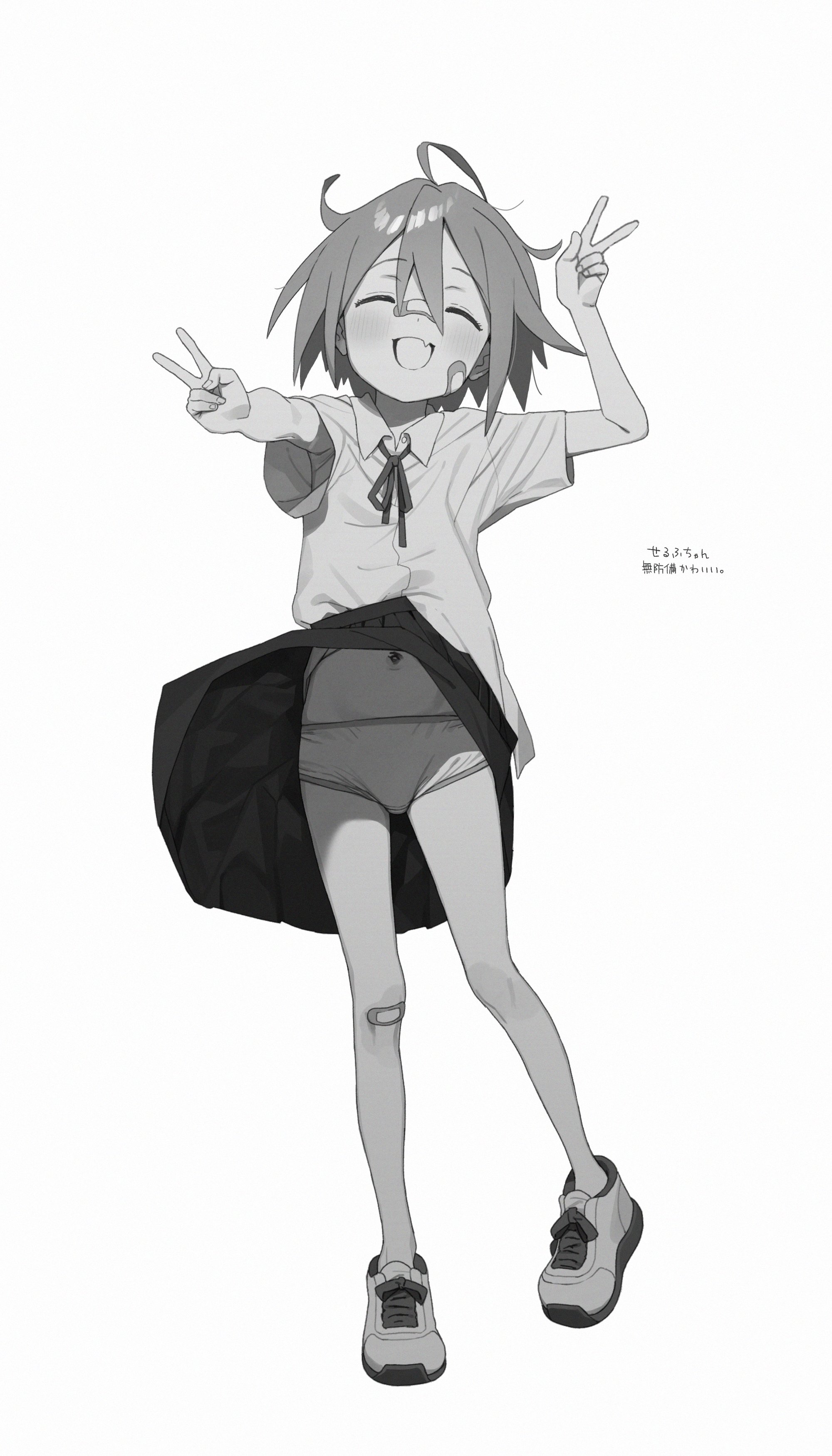 hans.b, yua serufu, do it yourself!!, absurdres, highres, 1girl, ahoge, bandaid, bandaid on face, bandaid on knee, bandaid on leg, bandaid on nose, double v, fang, greyscale, medium hair, messy hair, monochrome, panties, pantyshot, school uniform, simple background, skin fang, underwear, upskirt, v, white background