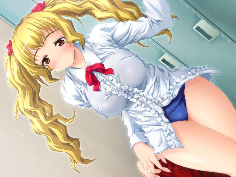 skyhouse, arisugawa yuuko, inmu gakuen, game cg, non-web source, 10s, 1girl, blonde hair, blue one-piece swimsuit, blue school swimsuit, blush, bow, bowtie, breasts, brown eyes, female focus, flower, hair flower, hair ornament, large breasts, locker, locker room, long hair, long sleeves, looking down, no pants, one-piece swimsuit, red bow, red bowtie, school swimsuit, school uniform, shirt, smile, solo, standing, swimsuit, swimsuit under clothes, twintails, undressing, white shirt