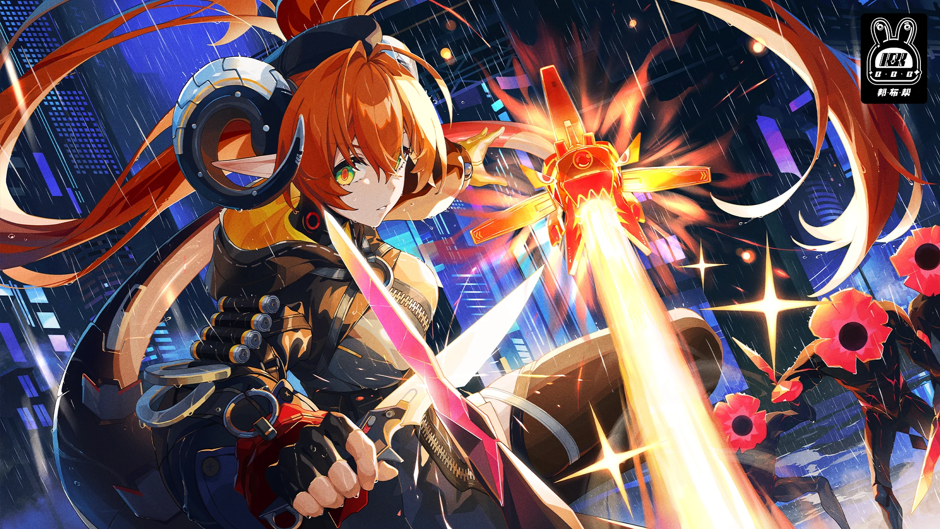 magus (zenless zone zero), orphie magnusson, zenless zone zero, artist request, highres, second-party source, 1girl, asymmetrical gloves, black gloves, brown thighhighs, cityscape, dragon girl, dragon horns, fingerless gloves, floating hair, gloves, green eyes, horns, long hair, long sleeves, looking at viewer, mechanical tail, mismatched gloves, orange hair, orange pupils, outdoors, parted lips, pointy ears, tail, thighhighs, very long hair, yellow gloves