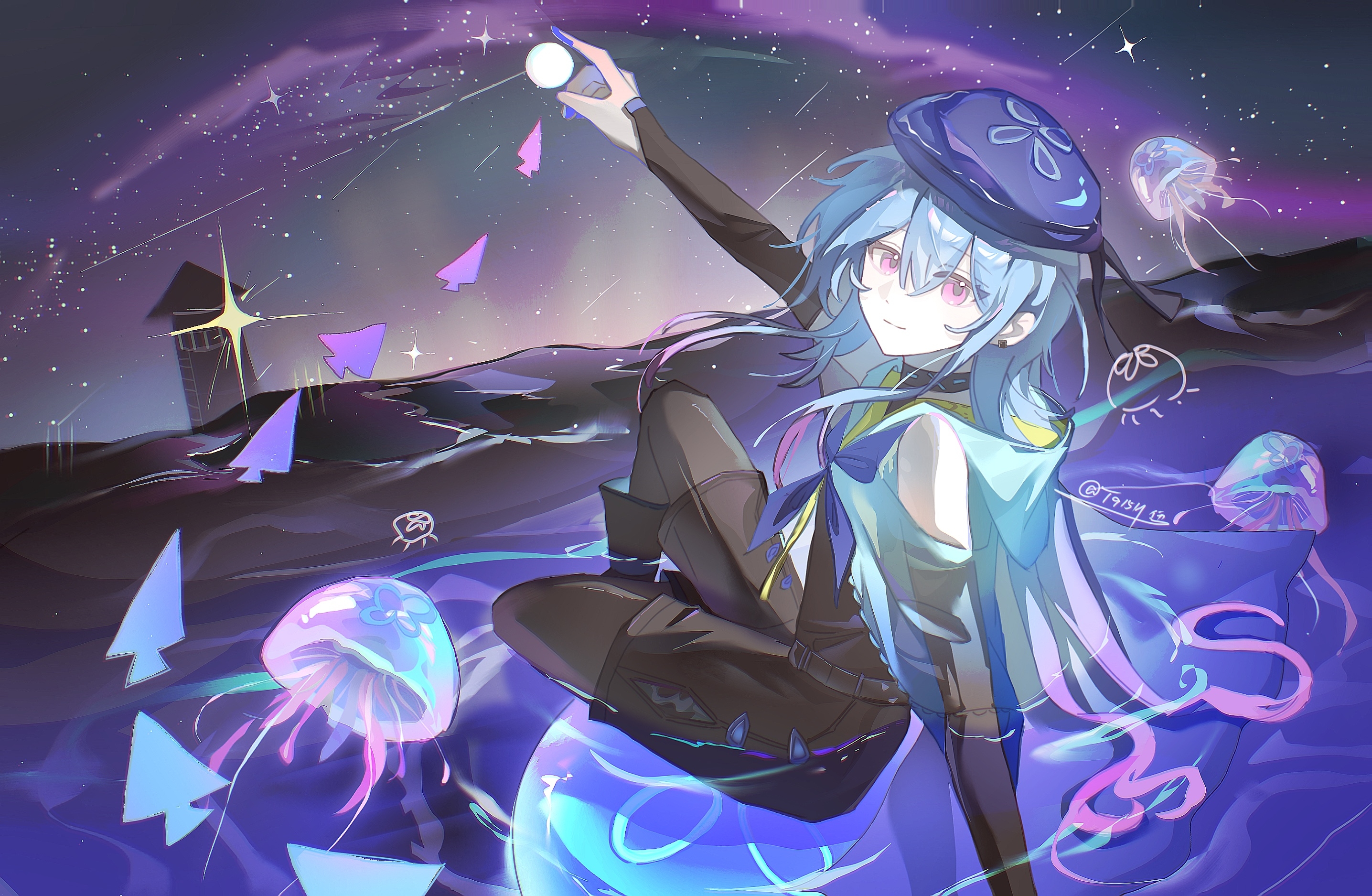 infection monitor (arknights), mizuki (arknights), arknights, chinese commentary, commentary request, highres, textless version, 1boy, animal, arm up, bare shoulders, beret, black leggings, black shorts, blue hair, closed mouth, ear piercing, full body, hair between eyes, hat, hood, hood down, jellyfish, jiu yi wu, leggings, leggings under shorts, long hair, looking at viewer, male focus, multicolored hair, outstretched arm, piercing, pink eyes, pink hair, purple hat, shorts, sitting, sky, sleeves past wrists, smile, solo, sparkle, star (sky), starry sky, two-tone hair