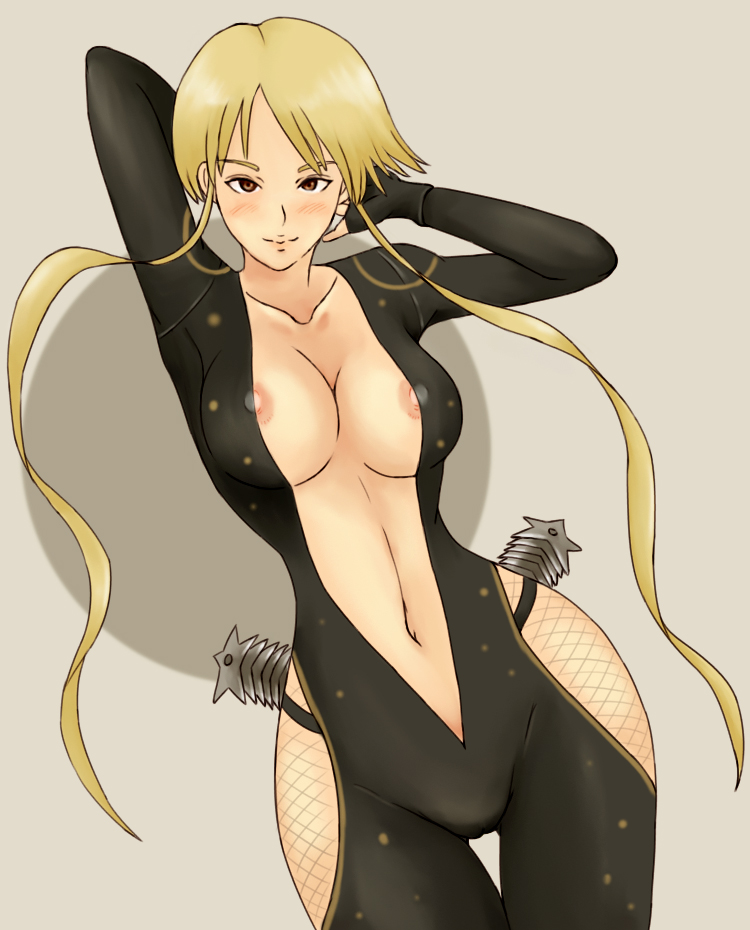 momo 765, rirakukan, kasuga, kasuga (sengoku basara), sengoku basara, 00s, 1girl, arms behind back, bare hips, blonde hair, blush, bodysuit, breasts, brown eyes, cameltoe, center opening, cleavage, dutch angle, female focus, fishnets, hip focus, large breasts, long hair, navel, ninja, nipple slip, nipples, open bodysuit, open clothes, shuriken, solo, spandex, thigh gap, thighs, very long hair, weapon, wide hips