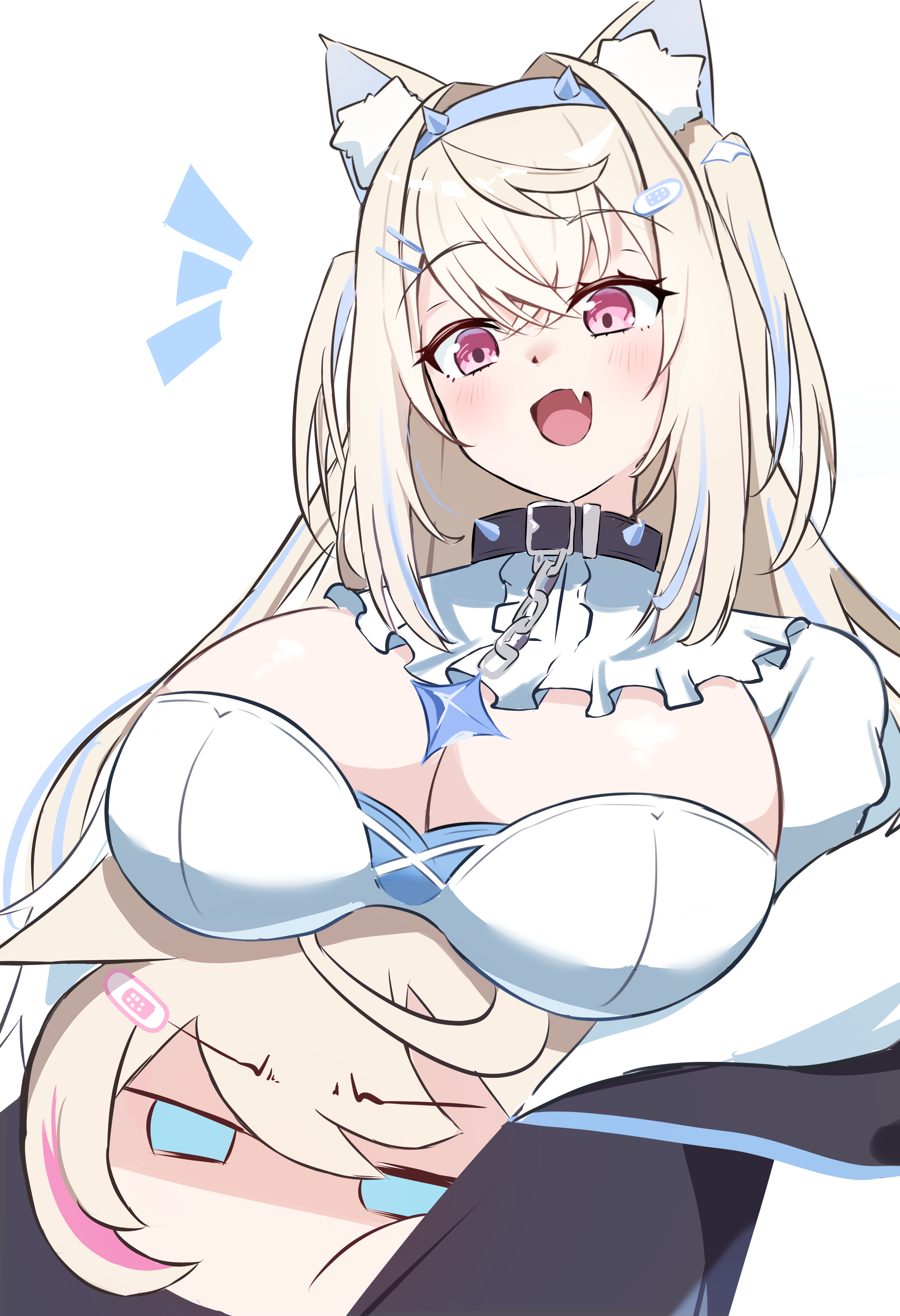 kokonahizuru, fuwawa abyssgard, fuwawa abyssgard (1st costume), mococo abyssgard, hololive, hololive english, absurdres, highres, 1girl, animal ear fluff, animal ears, bandaid, bandaid hair ornament, black collar, black jacket, blonde hair, blue hair, blush, breasts, cleavage, collar, dog ears, dog girl, dress, fang, fur-trimmed jacket, fur trim, hair ornament, hairpin, jacket, large breasts, looking at viewer, multicolored hair, pink eyes, skin fang, smile, solo, spiked collar, spikes, streaked hair, two side up, virtual youtuber, white dress