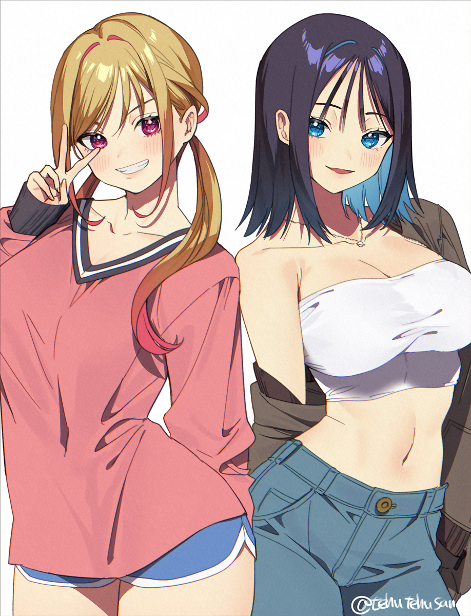 murata tefu, kitahara aoba, kusunoki aroma, sawaranaide kotesashi-kun, commentary request, highres, 2girls, artist name, black hair, black jacket, blonde hair, blue eyes, blue hair, blue shorts, breasts, cleavage, collarbone, colored inner hair, cowboy shot, denim, dolphin shorts, gradient hair, hand up, jacket, jeans, large breasts, long hair, medium hair, midriff, multicolored hair, multiple girls, navel, open clothes, open jacket, open mouth, pants, pink eyes, red shirt, shirt, short shorts, shorts, simple background, single off shoulder, sleeves past wrists, smile, strapless, tube top, twintails, twitter username, v, white background, white tube top, wispy bangs