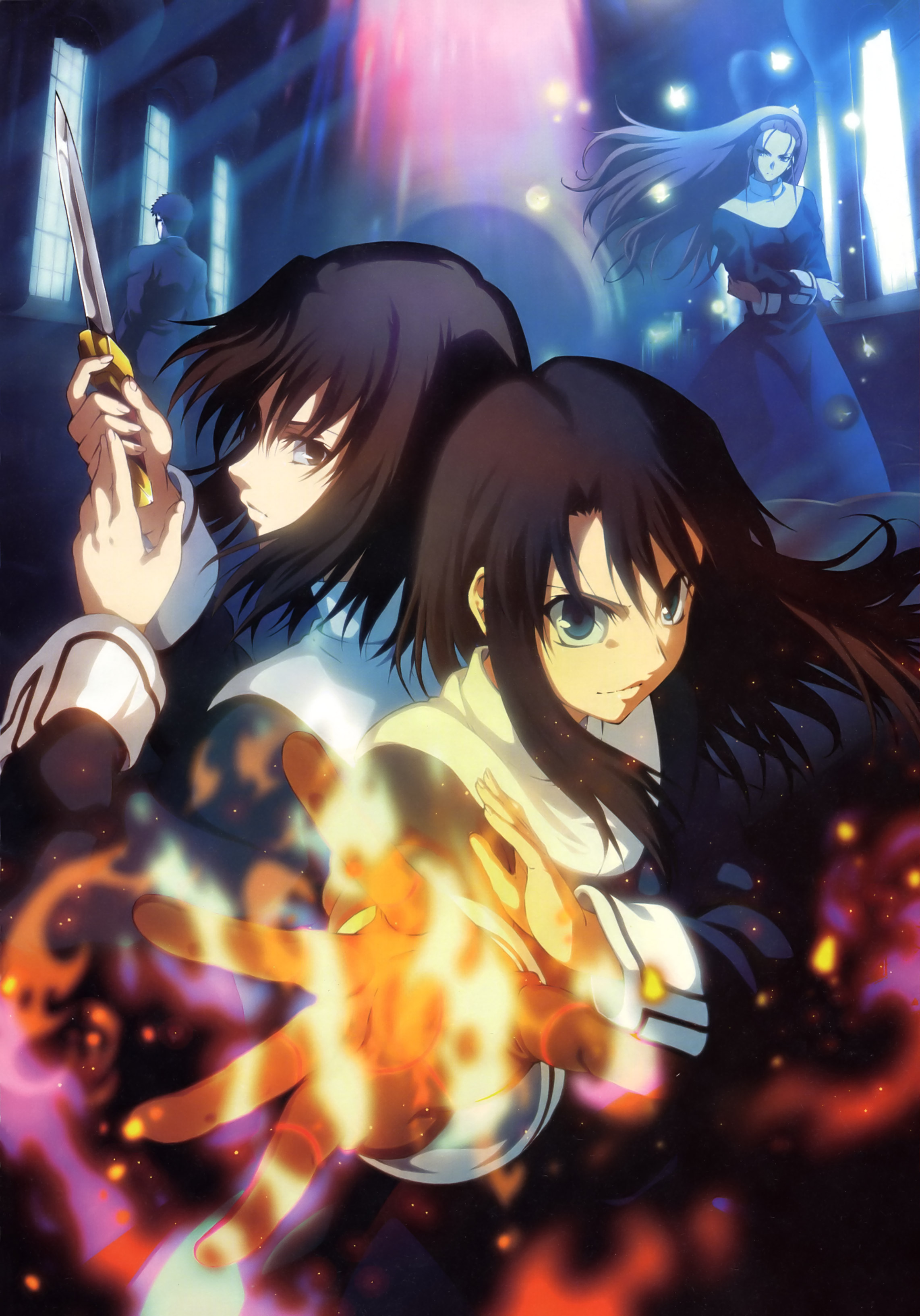 kokutou azaka, kurogiri satsuki, ouji misaya, ryougi shiki, kara no kyoukai, absurdres, highres, official art, 1boy, 3girls, black hair, blue eyes, brown eyes, fire, gloves, hairband, knife, long hair, multiple girls, neckerchief, nun, purple hair, reien girl's academy school uniform, school uniform, short hair, single glove, weapon, white neckerchief