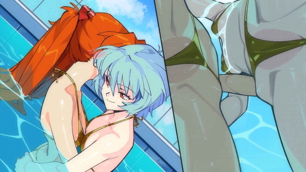 aseiusx, ayanami rei, souryuu asuka langley, neon genesis evangelion, 2girls, bikini, blue hair, breasts, collarbone, from behind, from side, gold bikini, hug, in water, long hair, looking at another, multiple girls, multiple views, navel, orange hair, pool, red eyes, short hair, small breasts, smile, standing, stomach, swimsuit, twintails, very long hair