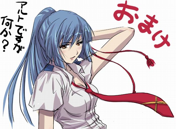 saotome alto, macross, macross frontier, gender request, non-web source, 00s, 1girl, blue hair, breasts, female focus, genderswap, long hair, necktie, school uniform, simple background, solo