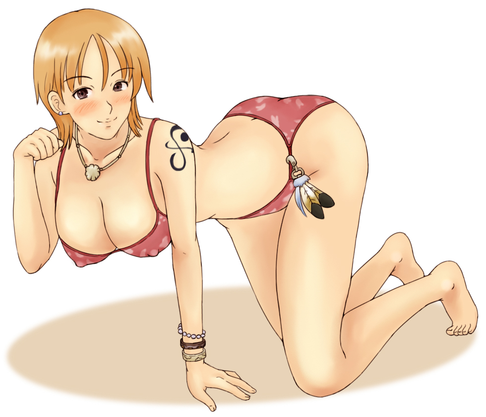 magukappu, momo 765, rirakukan, nami (one piece), one piece, 1girl, bangle, barefoot, bikini, blonde hair, blush, bracelet, breasts, cleavage, earrings, feet, female focus, jewelry, kneeling, large breasts, necklace, paw pose, purple eyes, short hair, solo, swimsuit, tattoo