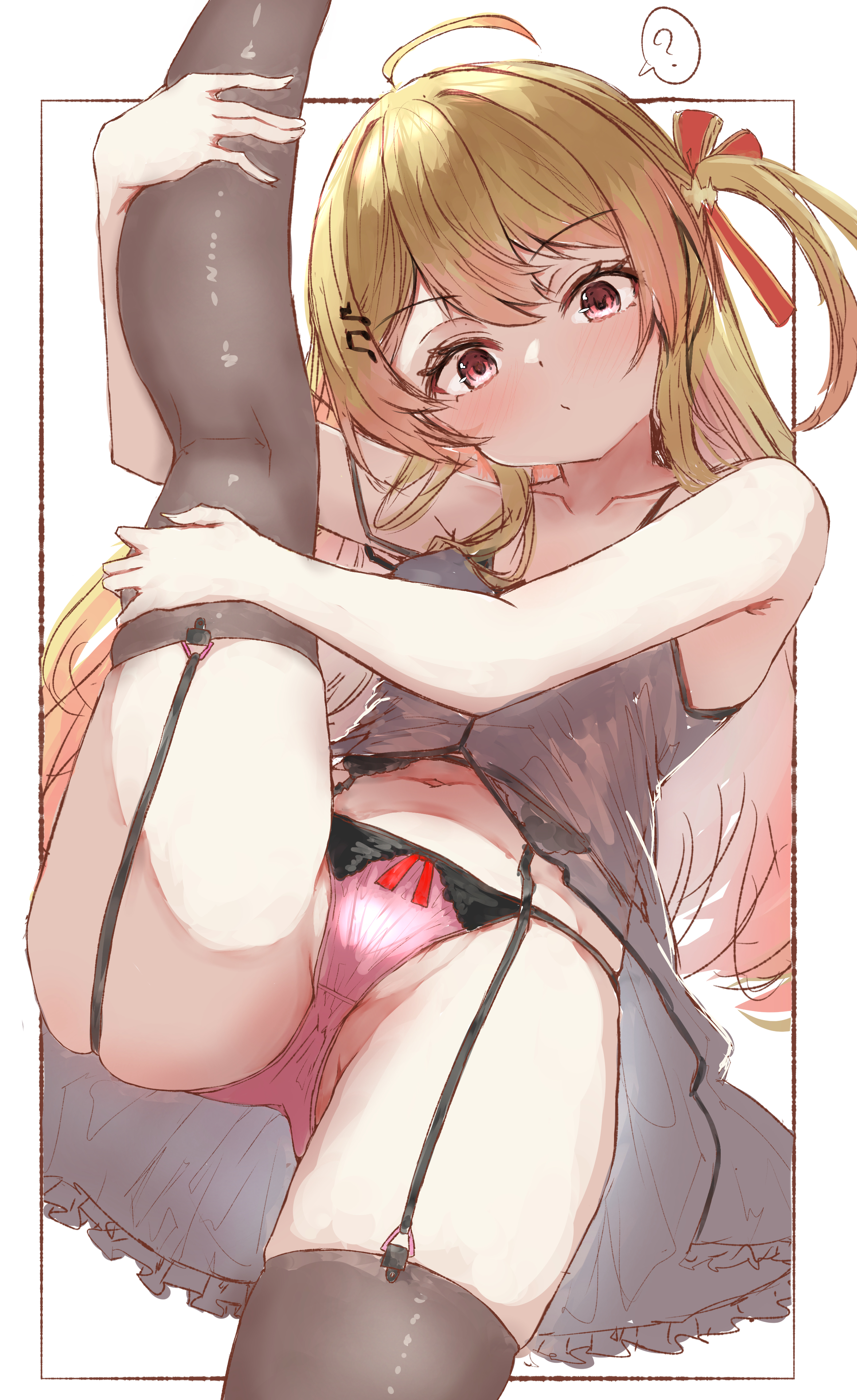 tazrn1, otonose kanade, hololive, hololive dev is, absurdres, highres, 1girl, ahoge, alternate costume, black dress, black garter belt, black garter straps, black thighhighs, blonde hair, breasts, dress, fortissimo, garter belt, garter straps, hair ornament, hair ribbon, leg up, musical note, musical note hair ornament, one side up, panties, pink panties, red eyes, red ribbon, ribbon, small breasts, solo, thighhighs, underwear