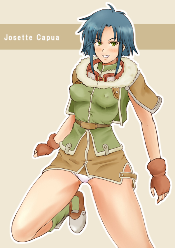 momo 765, rirakukan, josette capua, eiyuu densetsu, falcom, sora no kiseki, 1girl, blue hair, blush, boots, breasts, brown background, character name, female focus, fingerless gloves, gloves, goggles, green boots, green eyes, jacket, medium breasts, miniskirt, panties, pantyshot, shirt, short hair, skirt, solo, standing, underwear, upskirt, white panties