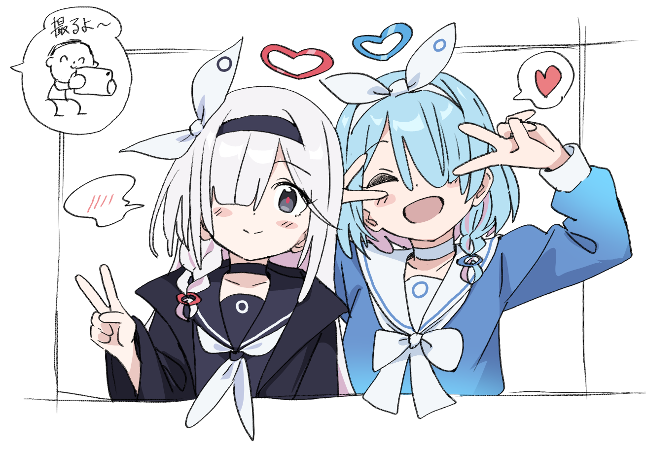 momomatang, arona (blue archive), doodle sensei (blue archive), plana (blue archive), sensei (blue archive), blue archive, commentary request, translated, 1boy, 2girls, :d, ^ ^, black choker, black coat, black eyes, black hairband, black sailor collar, black shirt, blue hair, blue halo, blue shirt, blunt bangs, blush stickers, bow, bowtie, braid, choker, closed eyes, closed mouth, coat, colored inner hair, double v, grey hair, hair bow, hair over one eye, hairband, halo, hand up, hands up, happy, heart, heart halo, holding, holding phone, long bangs, long hair, long sleeves, looking at viewer, medium hair, multicolored hair, multiple girls, neckerchief, one eye covered, open clothes, open coat, open mouth, outside border, phone, pink hair, red halo, red pupils, sailor collar, school uniform, serafuku, shirt, side-by-side, simple background, single braid, smile, speech bubble, split mouth, spoken blush, spoken heart, taking picture, two-tone hair, upper body, v, v over eye, white background, white bow, white bowtie, white choker, white hairband, white neckerchief, white sailor collar, wide sleeves