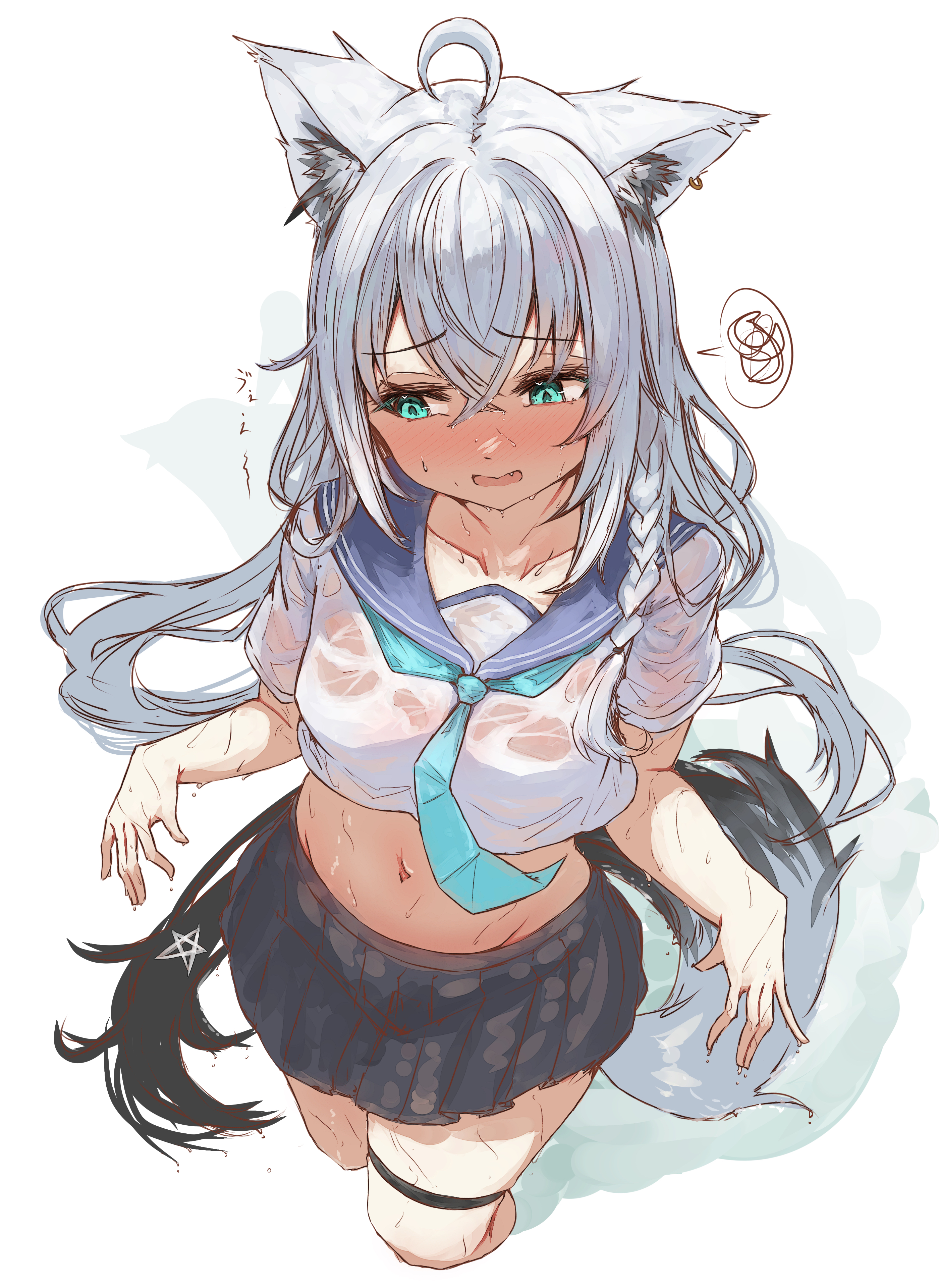 tazrn1, shirakami fubuki, hololive, absurdres, highres, 1girl, ahoge, animal ears, aqua necktie, black skirt, blue eyes, blue sailor collar, blush, breasts, fox ears, fox girl, fox tail, grey hair, long hair, medium breasts, necktie, open mouth, sailor collar, see-through clothes, see-through shirt, shirt, skirt, solo, tail, virtual youtuber, white background, white shirt