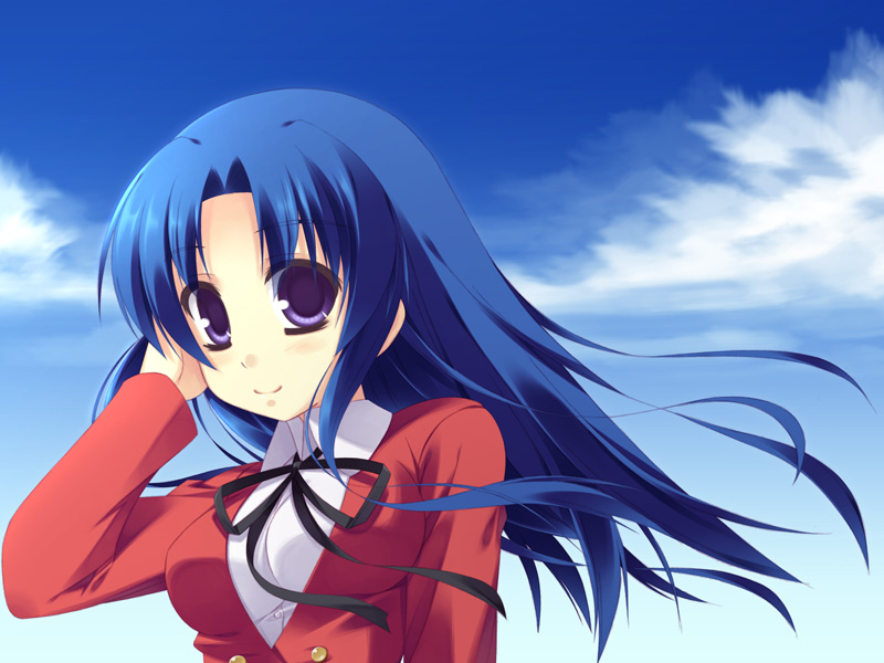moriguchi yuu, kawashima ami, toradora!, 00s, 1girl, blue hair, breasts, cloud, day, female focus, long hair, medium breasts, purple eyes, school uniform, sky, smile, solo