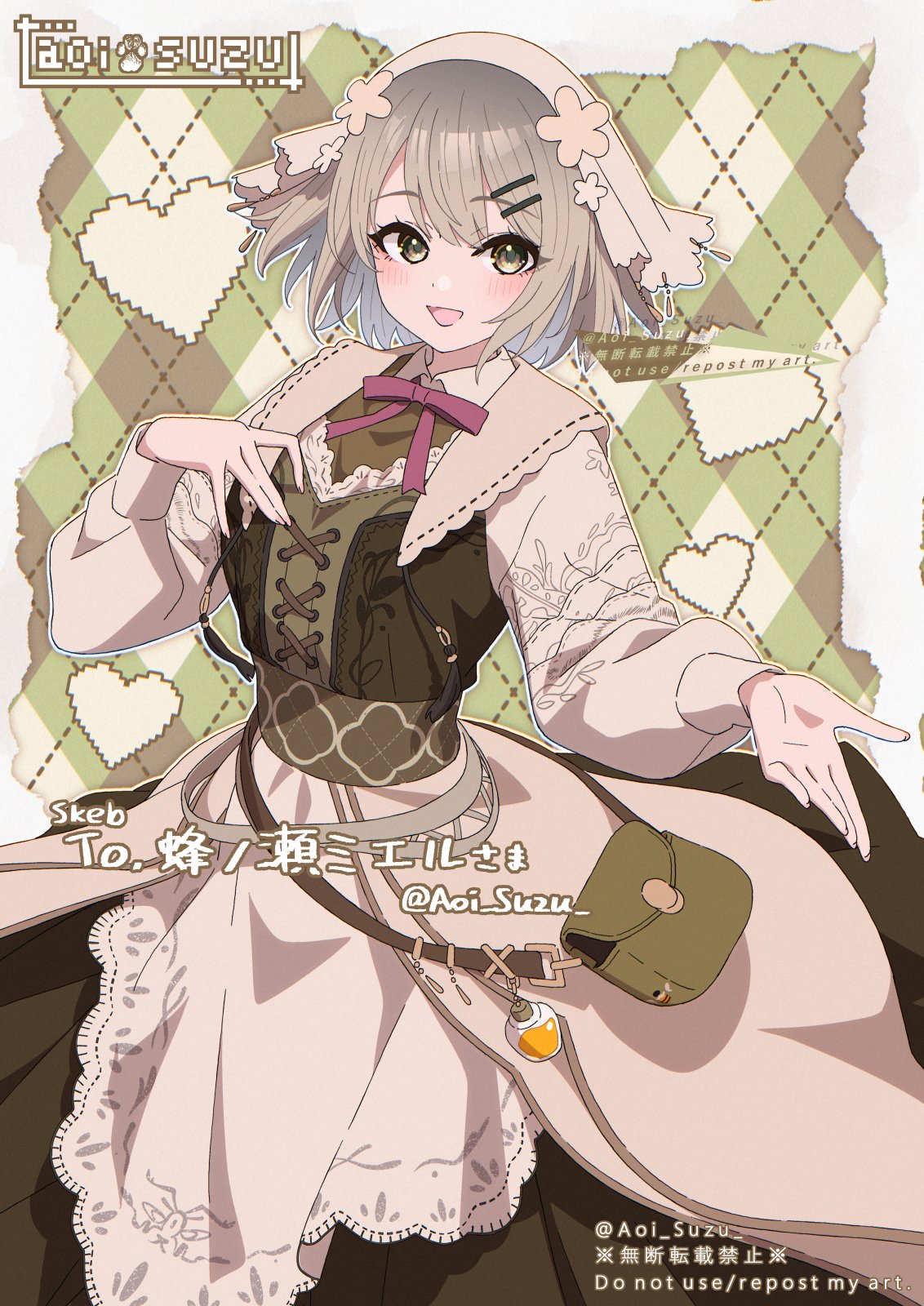 aoi suzu, original, commentary request, commission, highres, skeb commission, 1girl, blonde hair, blush, bonnet, bow, bowtie, breasts, corset, dress, flower, green eyes, grey hair, hair flower, hair ornament, hairclip, hand on own chest, hat, hat flower, long dress, long sleeves, looking at viewer, medium hair, open mouth, outstretched arm, patterned background, pink bow, pink bowtie, small breasts, smile, solo, twitter username, waist bag, yellow eyes