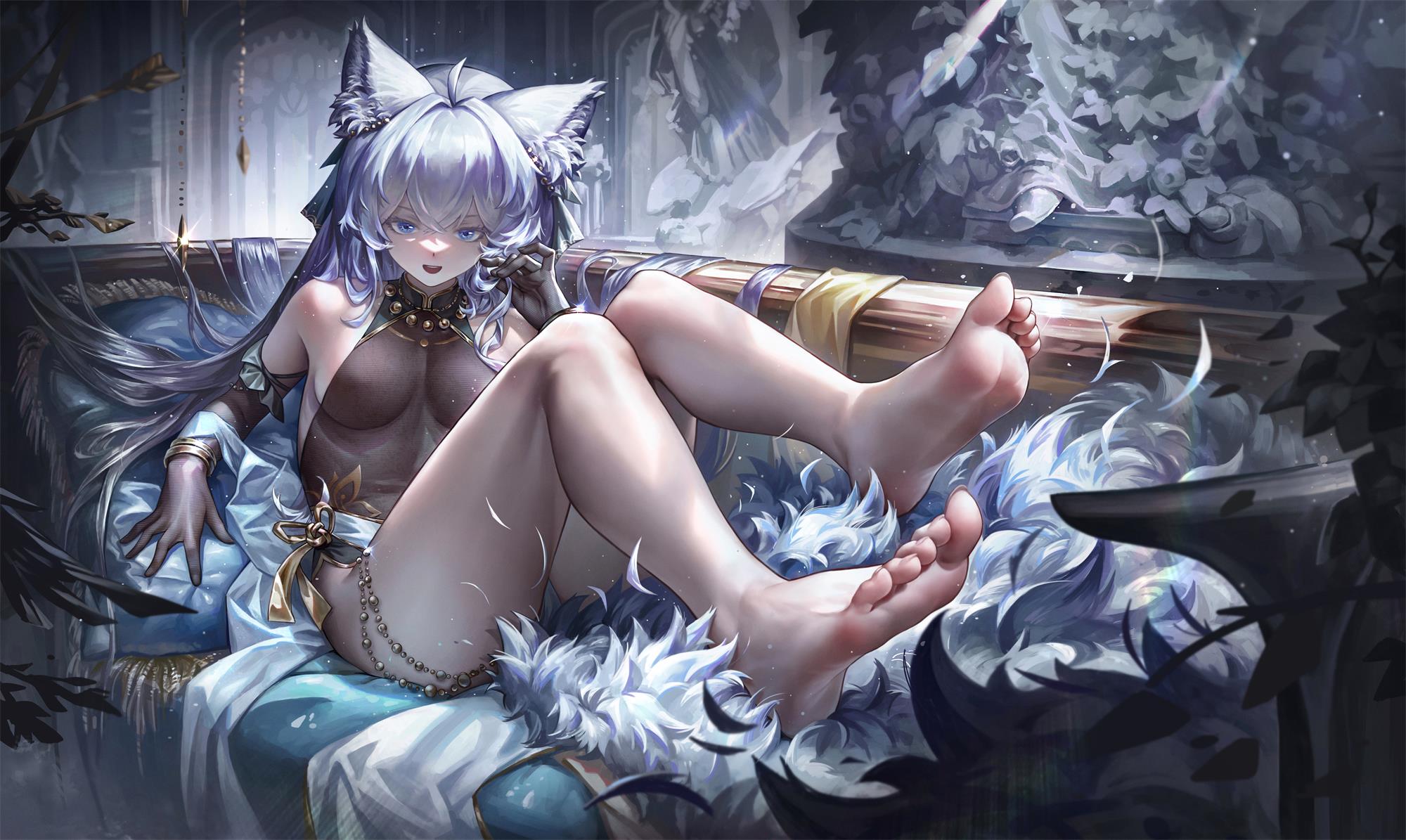 shangtianrudi xiaobailang, original, highres, 1girl, animal ear fluff, animal ears, bare legs, bare shoulders, barefoot, black gloves, blue eyes, elbow gloves, feet, gloves, grey hair, legs, long hair, looking at viewer, soles, tail, toes, white hair, wolf ears, wolf girl, wolf tail