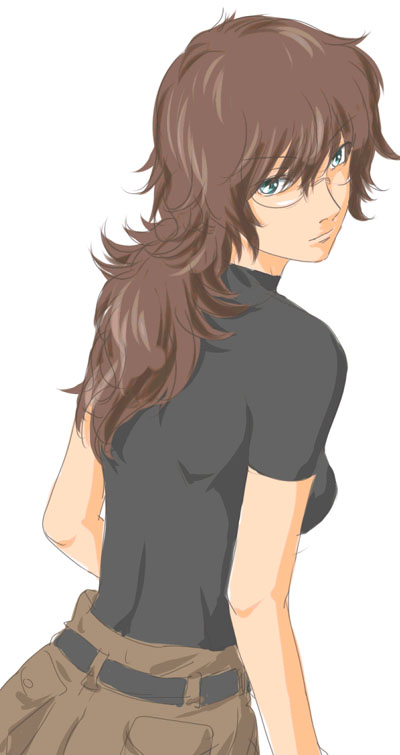 shirin bakhtiar, gundam, gundam 00, 00s, 1girl, belt, black shirt, breasts, brown hair, female focus, from behind, glasses, long hair, looking at viewer, pants, rimless eyewear, shirt, short sleeves, simple background, solo, t-shirt, white background