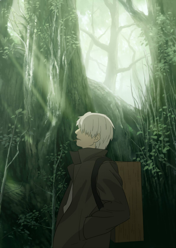 edo umi, ginko (mushishi), mushishi, backpack, bag, cigarette, coat, forest, hair over one eye, hands in pockets, male focus, nature, outdoors, plant, randoseru, short hair, smoking, solo, tree, white hair