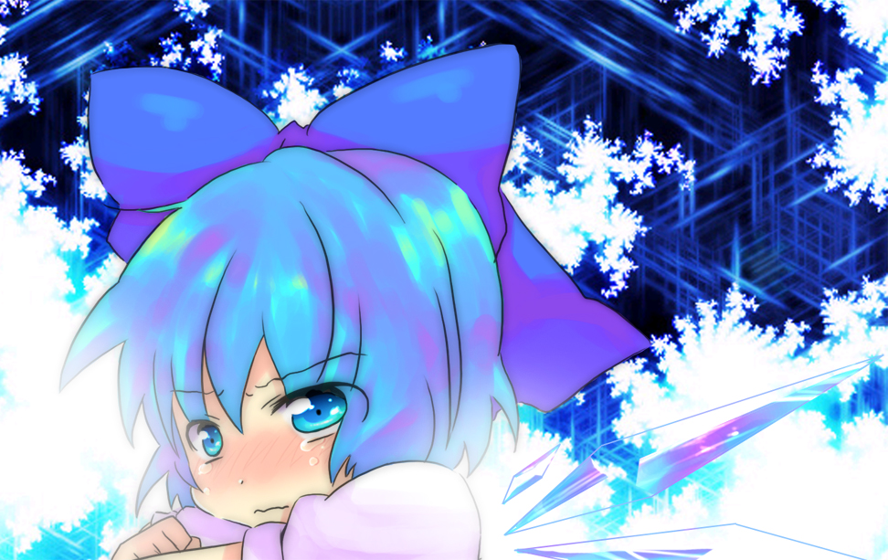 plug (artist), cirno, phantasmagoria of flower view, touhou, bad id, bad pixiv id, 1girl, circled 9, female focus, solo, tears