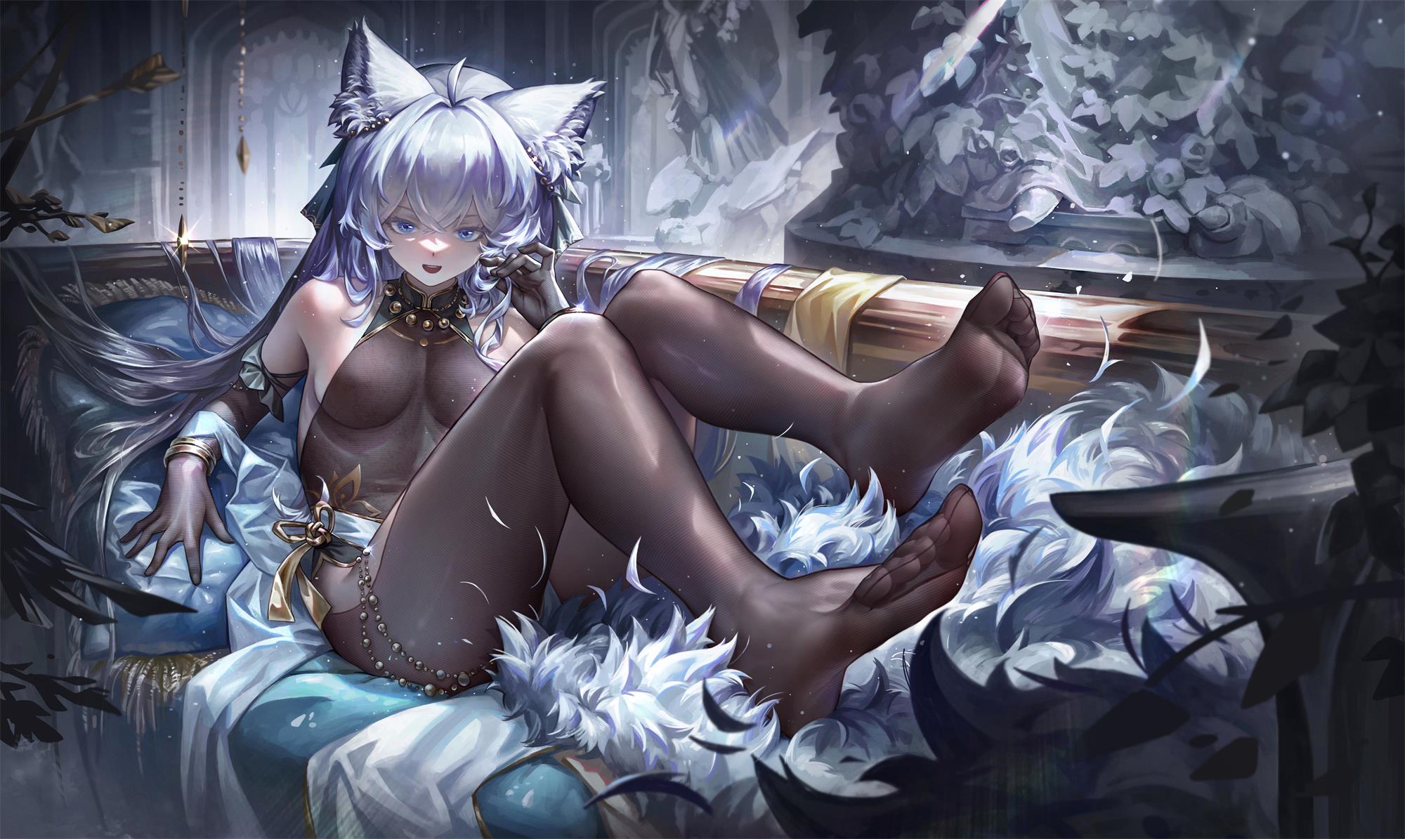 shangtianrudi xiaobailang, original, highres, 1girl, animal ear fluff, animal ears, bare shoulders, black gloves, black pantyhose, blue eyes, elbow gloves, feet, gloves, grey hair, legs, long hair, looking at viewer, pantyhose, soles, tail, toes, white hair, wolf ears, wolf girl, wolf tail
