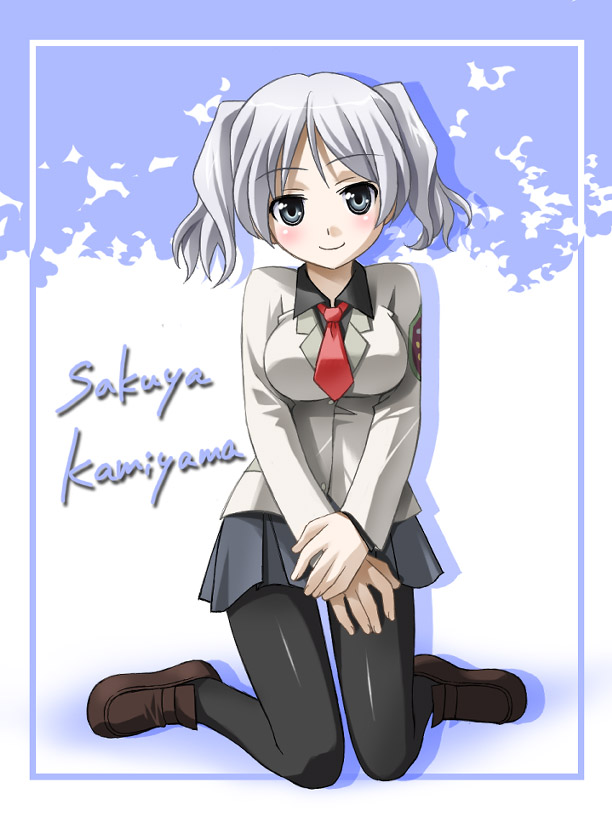 umekichi, kamiyama sakuya, candy boy, silver hair, 00s, 1girl, black pantyhose, blue eyes, blush, character name, female focus, full body, kneeling, loafers, long sleeves, looking at viewer, necktie, pantyhose, red necktie, school uniform, shoes, solo, twintails