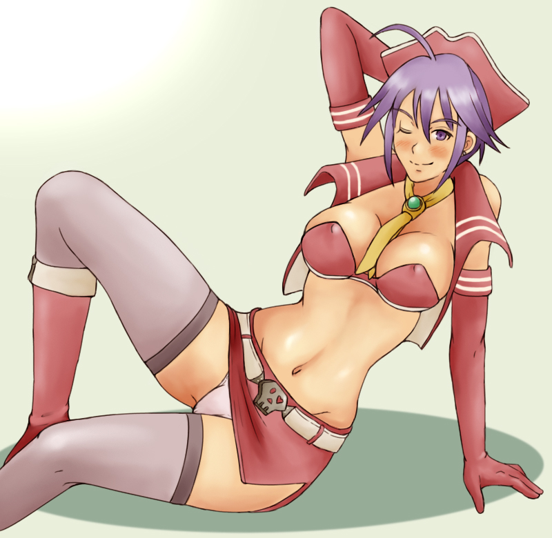 momo 765, rirakukan, love heart (kof), sky love, skylove, snk, the king of fighters, the king of fighters xiv, 1girl, ahoge, bandeau, belt, boots, bra, breasts, breasts apart, cleavage, earrings, elbow gloves, female focus, from side, gloves, green background, grey thighhighs, hair between eyes, hat, heart, jacket, jewelry, large breasts, leaning to the side, lingerie, midriff, miniskirt, narrow waist, navel, necktie, panties, pantyshot, parted bangs, pencil skirt, pink boots, pink hat, pirate hat, purple eyes, purple hair, short hair with long locks, simple background, sitting, skirt, solo, stud earrings, thighhighs, underwear, vest, white panties, yellow necktie
