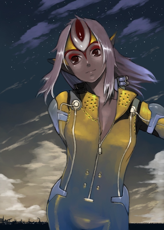 shiira, mutio, ao no roku-gou, bad id, bad pixiv id, 1girl, arm behind back, bodysuit, city, cloud, colored skin, cowboy shot, female focus, jumpsuit, monster girl, multicolored skin, night, outdoors, pointy ears, red eyes, short hair, sky, smile, solo, therianthrope, white hair, white skin, yellow skin, zipper