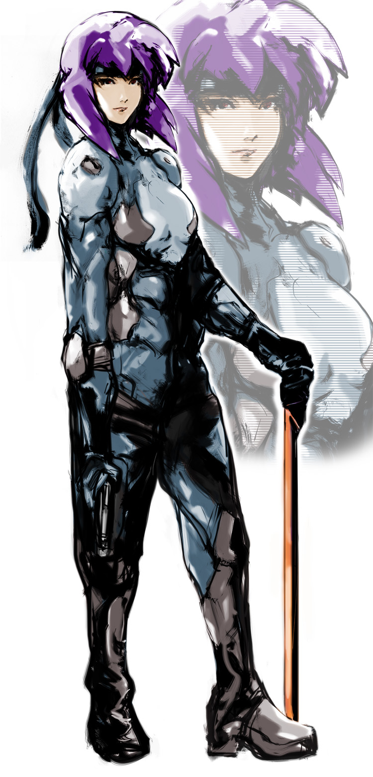 zangi, kusanagi motoko, ghost in the shell, metal gear (series), metal gear solid, highres, long image, tall image, 1girl, bandana, epic, female focus, gun, handgun, parody, pistol, purple hair, short hair, solo, weapon, zoom layer