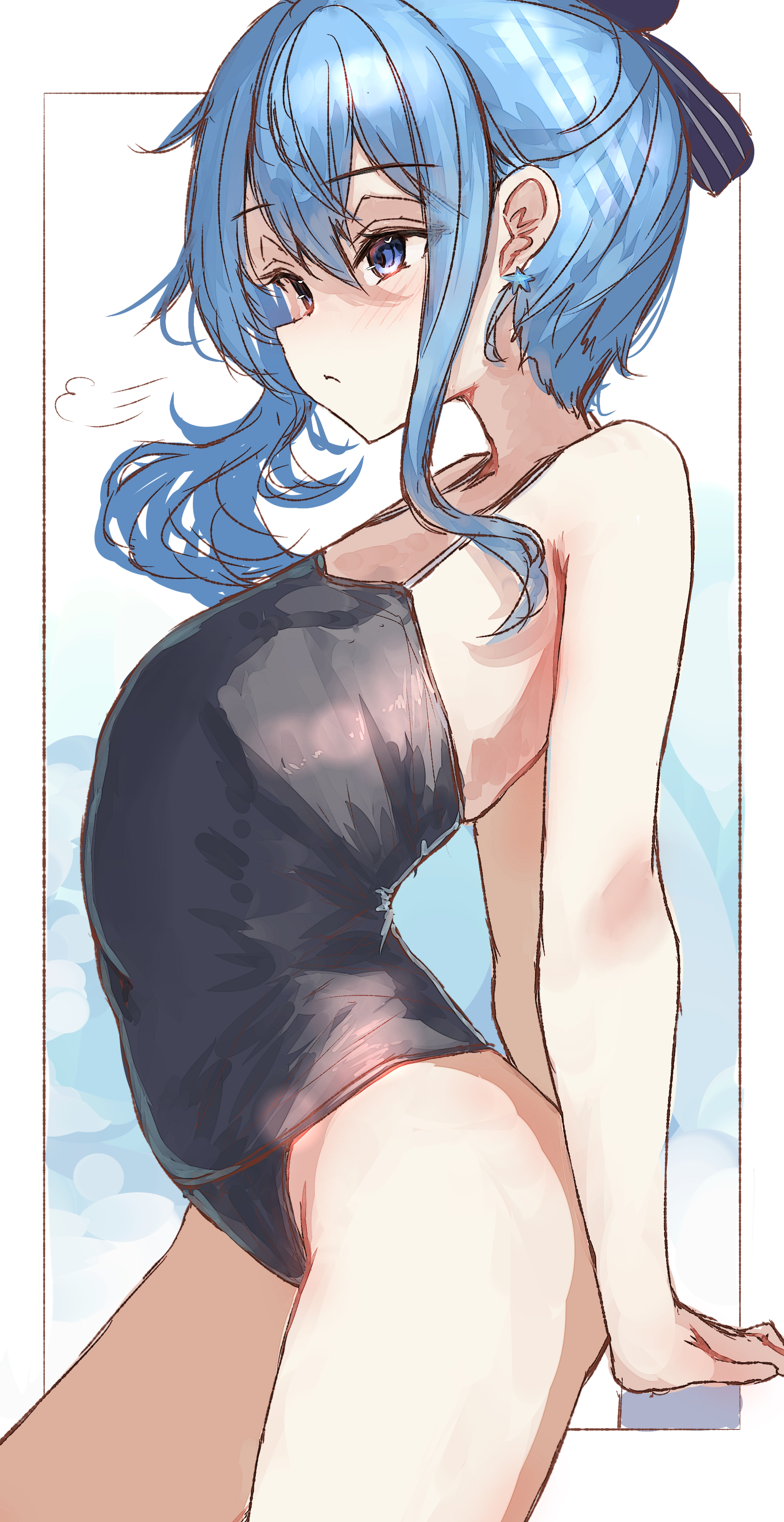 tazrn1, hoshimachi suisei, hololive, absurdres, highres, 1girl, alternate costume, black one-piece swimsuit, blue eyes, blue hair, breasts, closed mouth, earrings, jewelry, medium hair, one-piece swimsuit, side ponytail, sidelocks, small breasts, star (symbol), star earrings, swimsuit, virtual youtuber, white background