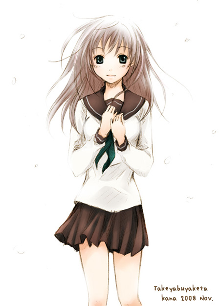 takeyabuyaketa, original, 1girl, black skirt, blush, brown eyes, brown hair, female focus, long hair, long sleeves, looking at viewer, necktie, pleated skirt, sailor collar, school uniform, serafuku, simple background, skirt, solo, very long hair, white background