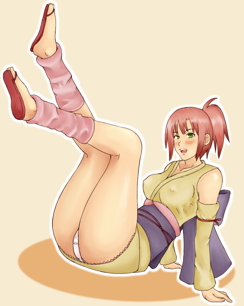momo 765, rirakukan, rio rollins, super blackjack, 1girl, blush, bow, breasts, detached sleeves, earrings, female focus, green eyes, japanese clothes, jewelry, kimono, large breasts, leg up, leg warmers, panties, pantyshot, pink hair, ponytail, sandals, short hair, sitting, solo, underwear, white panties, yukata