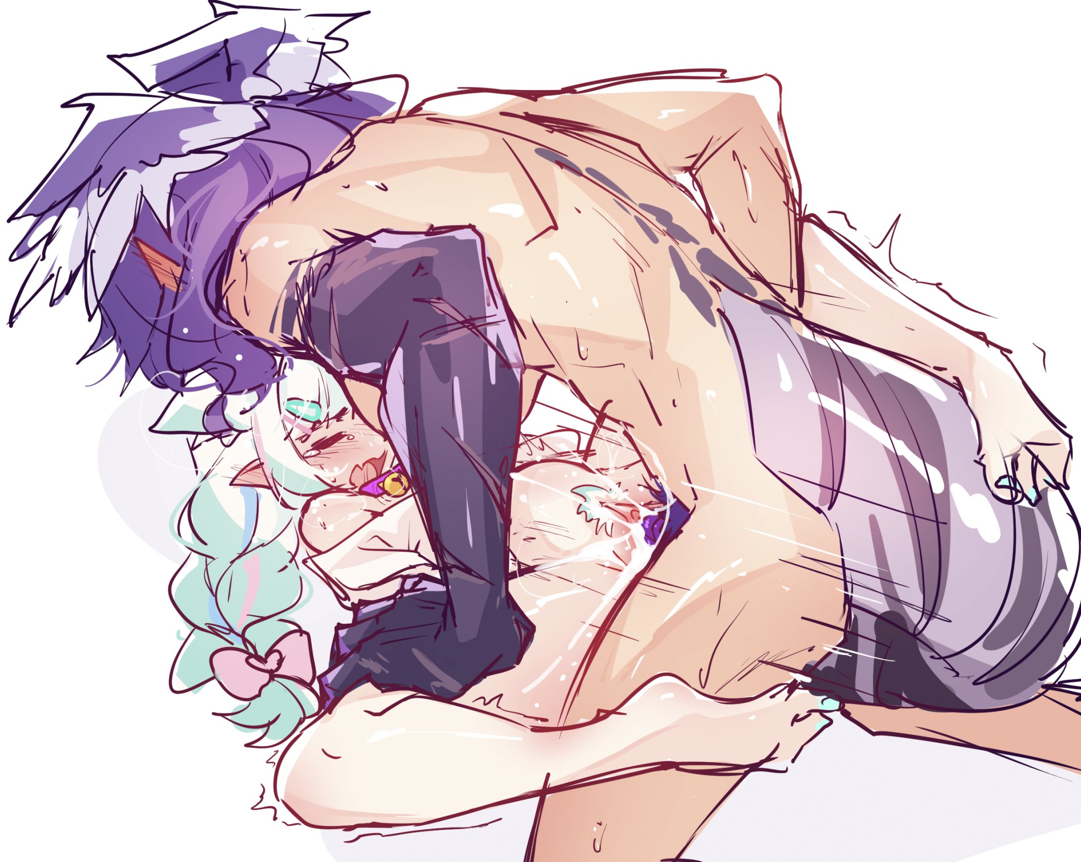 ricegnat, mint fantome, selen tatsuki, indie virtual youtuber, nijisanji, nijisanji en, highres, 2girls, aqua hair, aqua nails, barefoot, bell, blush, braid, clitoris, closed eyes, completely nude, ear blush, fang, feet, female pubic hair, futa with female, futanari, hair ornament, hairclip, head wings, jingle bell, missionary, multiple girls, nail polish, neck bell, nude, pointy ears, pubic hair, purple hair, purple penis, sex, simple background, sketch, skin fang, sweat, tail, tears, toenail polish, toenails, uncensored, vaginal, virtual youtuber, white background, white hair, wings