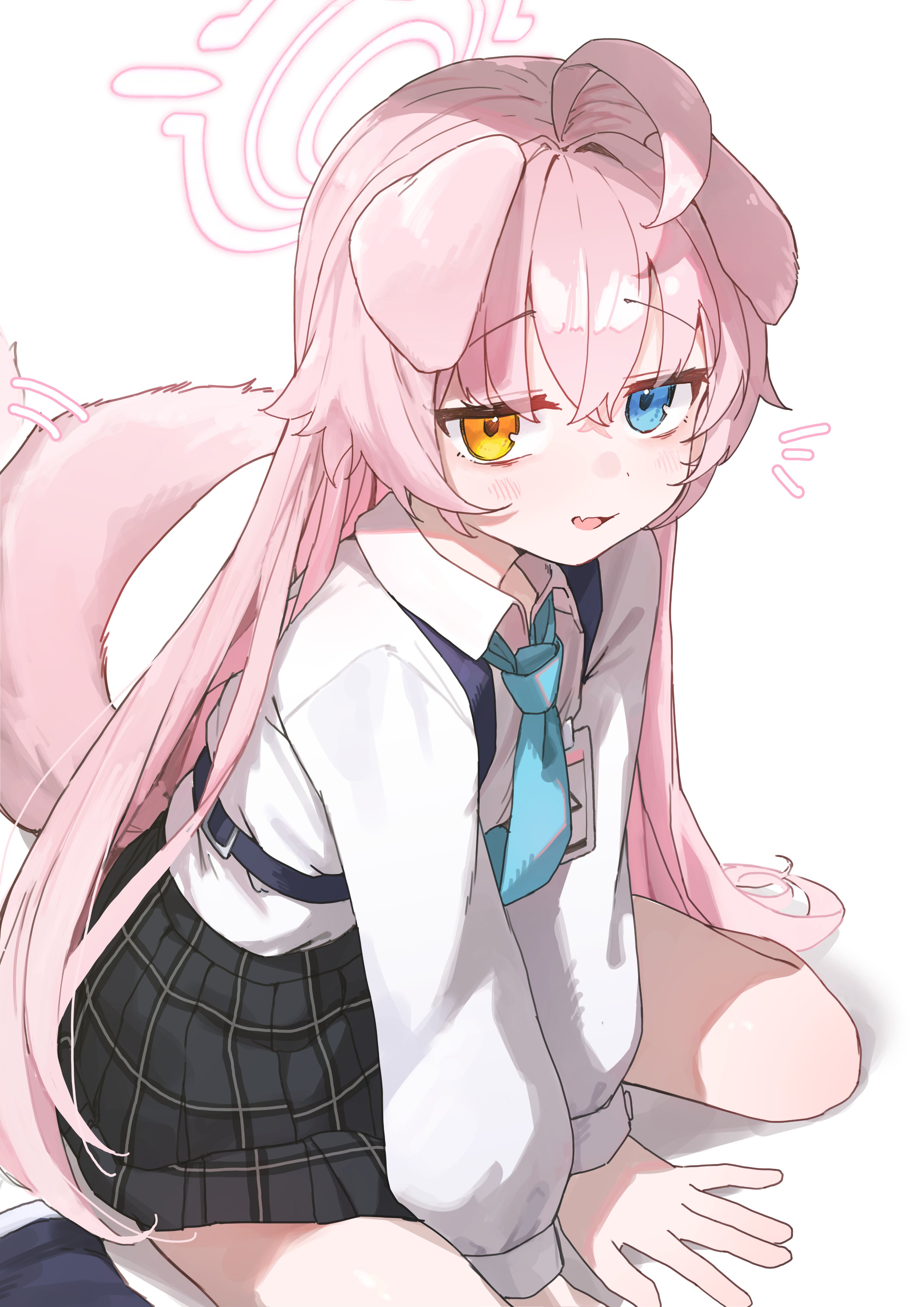 auuufox, hoshino (blue archive), blue archive, absurdres, highres, 1girl, ahoge, animal ears, black skirt, blue eyes, blue necktie, blush, chest harness, collared shirt, crossed bangs, dog ears, dog tail, fang, hair between eyes, halo, harness, heterochromia, long hair, long sleeves, looking at viewer, necktie, open mouth, pink hair, pink halo, plaid clothes, plaid skirt, pleated skirt, shirt, simple background, sitting, skin fang, skirt, smile, solo, tail, tail wagging, wariza, white background, white shirt, yellow eyes