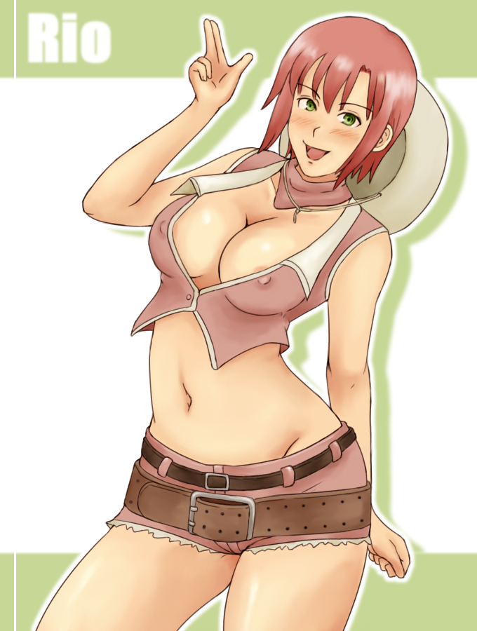 momo 765, rirakukan, rio rollins, super blackjack, 1girl, bandana, belt, blush, breasts, cleavage, covered erect nipples, cowboy hat, cowboy shot, cowboy western, female focus, green eyes, hat, large breasts, midriff, navel, pink hair, short shorts, shorts, solo