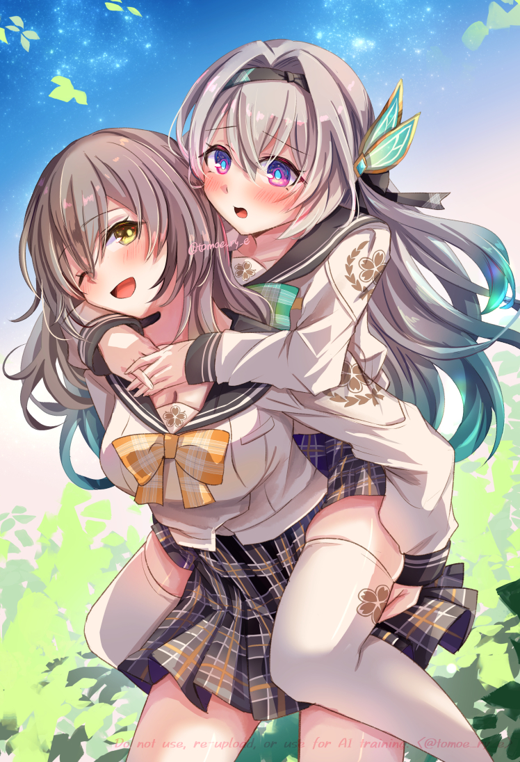 tomoe (pixiv 53856103), firefly (honkai: star rail), firefly (spring missive) (honkai: star rail), stelle (honkai: star rail), trailblazer (honkai: star rail), honkai: star rail, honkai (series), 2girls, blush, bow, breasts, brown hair, cleavage, gradient hair, green hair, grey hair, grey skirt, hair between eyes, hair ornament, large breasts, long hair, looking at another, looking back, multicolored hair, multiple girls, official alternate costume, official alternate hairstyle, open mouth, orange bow, pink eyes, plaid bow, plaid clothes, plaid skirt, school uniform, serafuku, skirt, smile, thick thighs, thighhighs, thighs, very long hair, white thighhighs, yellow eyes