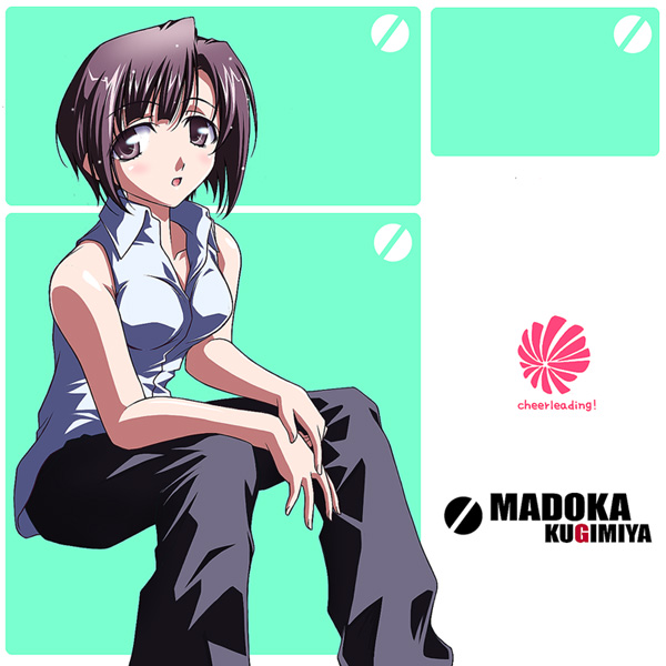 kugimiya madoka, mahou sensei negima!, 00s, 1girl, :o, bare shoulders, blush, breasts, brown eyes, brown hair, female focus, looking at viewer, pants, parted lips, short hair, sitting, sleeveless, solo, vest