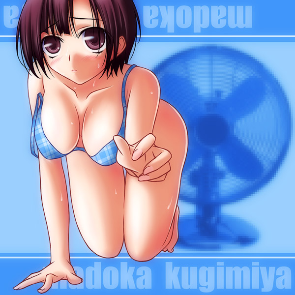 kugimiya madoka, mahou sensei negima!, 00s, bikini, blue bikini, brown eyes, brown hair, short hair, solo, sweat, swimsuit
